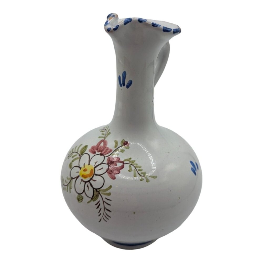 Hand-Painted Floral Ceramic Vase 7" Tall Blue & White Made In Spain
